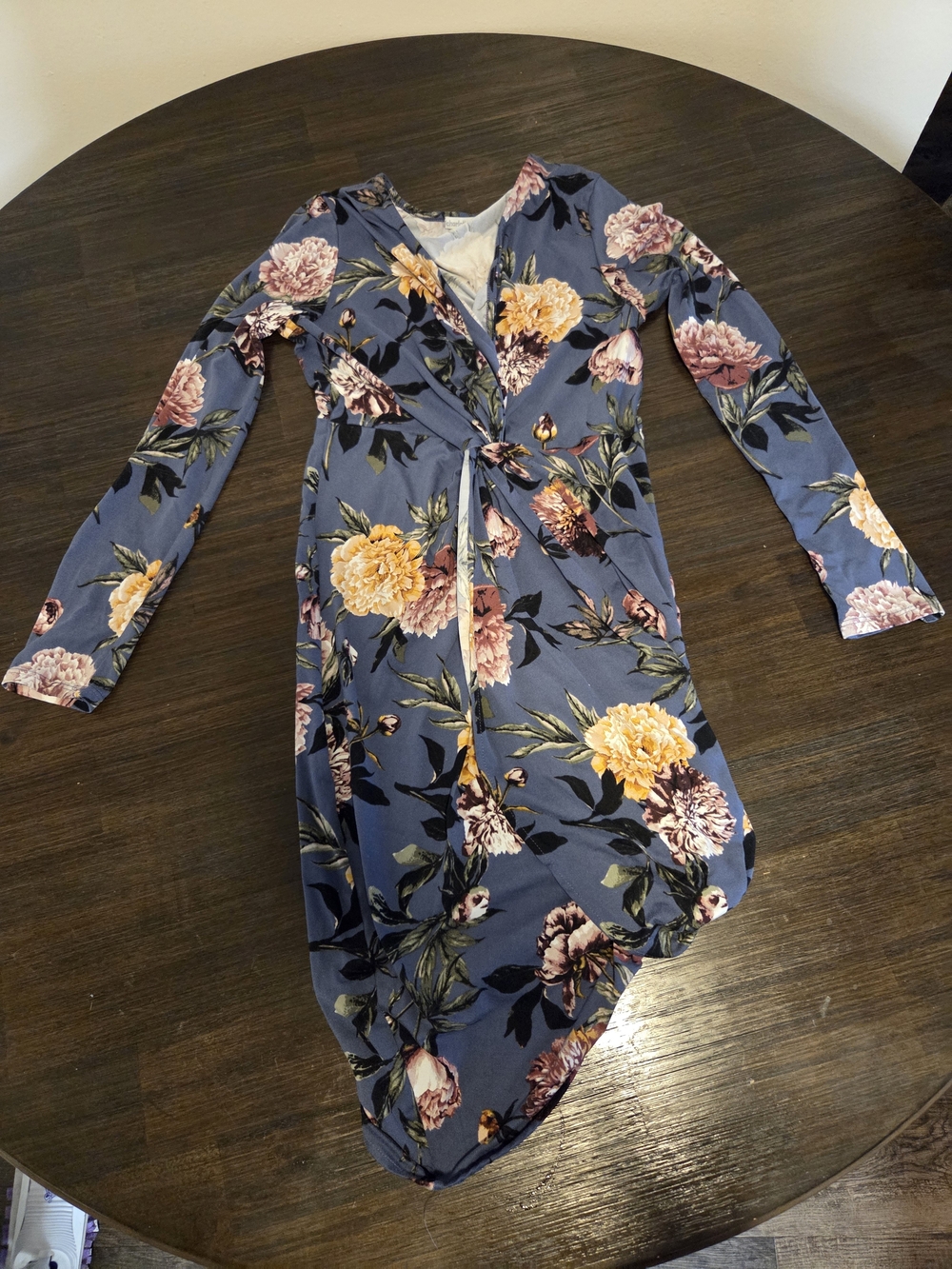 Charlotte Russe Floral Long Sleeve Wrap V-Neck Bodycon Midi Dress Blue Pink XL